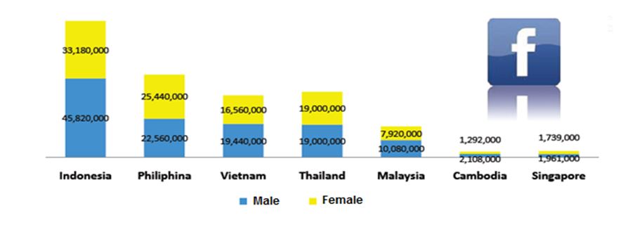 Bar chart for various countries showing figures for male and female users