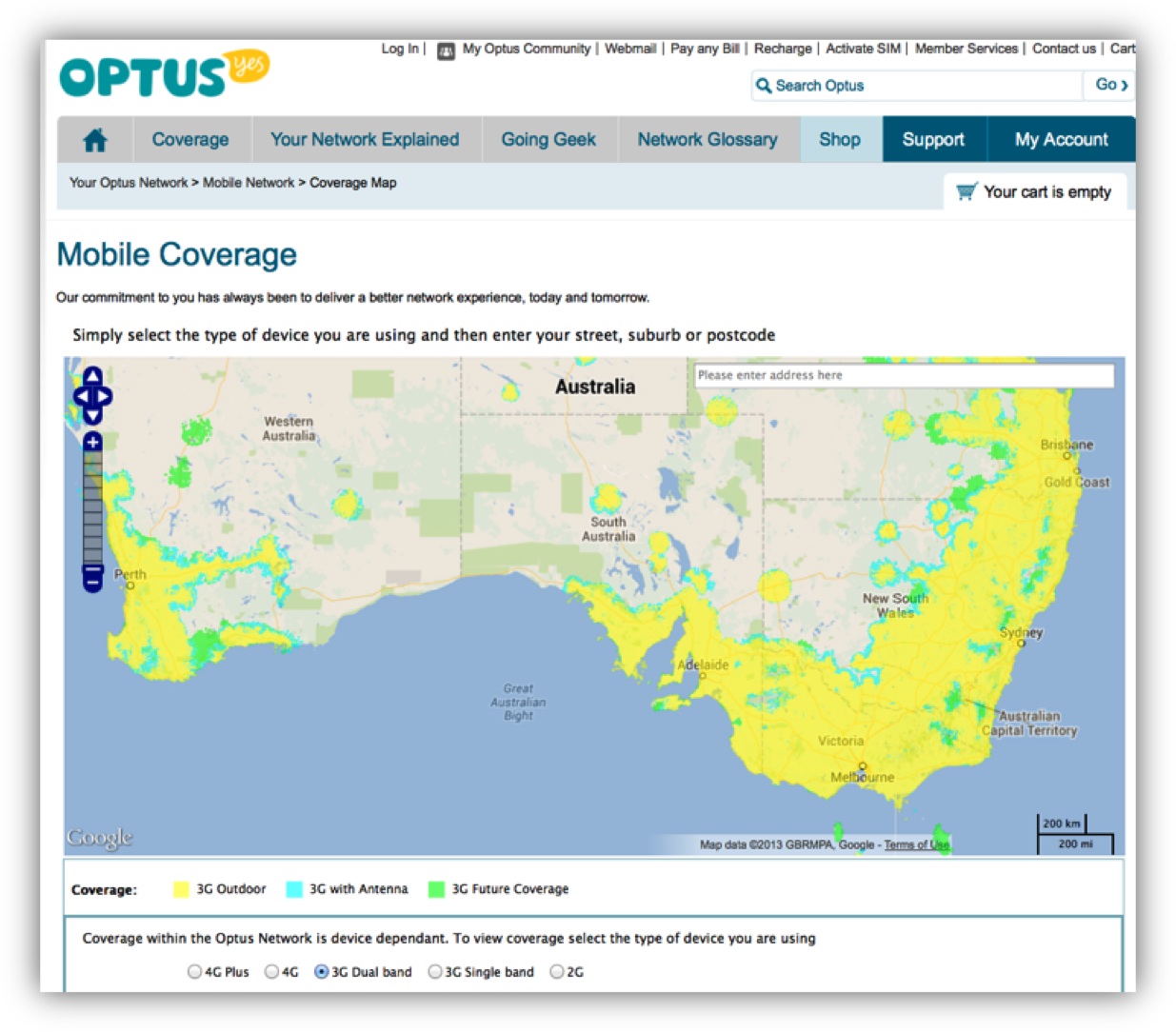 Fig. 2 Optus 3G dual band mobile coverage map