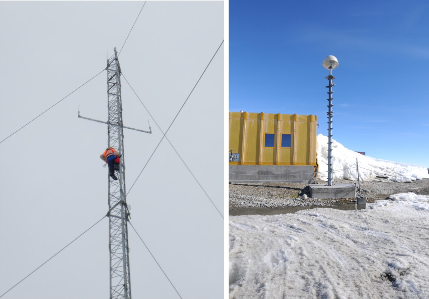 Figure 2 ? (a) Technician up a mast at Casey;      (b) Davis communications building and mast